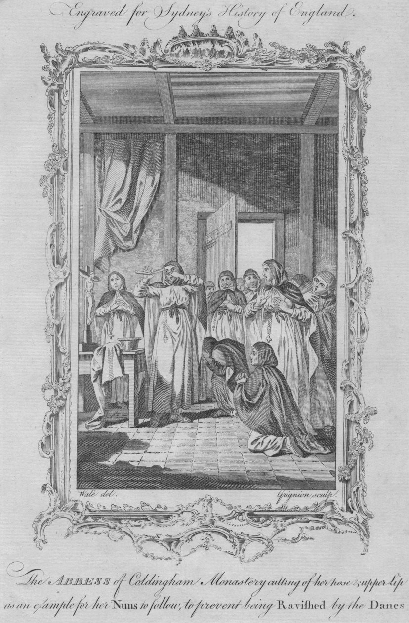 A Coldingham-kolostor apátnője öncsonkította meg magát, hogy elkerülje a viking megszállók által elkövetett nemi erőszakot, 1773. alkotó: Charles Grignion
