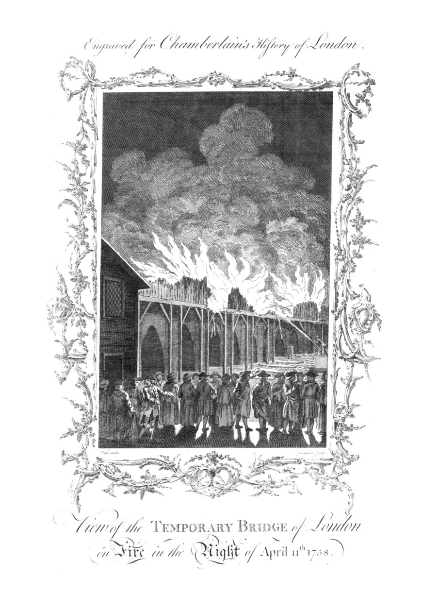 Kilátás a lángokban álló londoni ideiglenes hídra...1758., c1770 alkotó: Charles Grignion