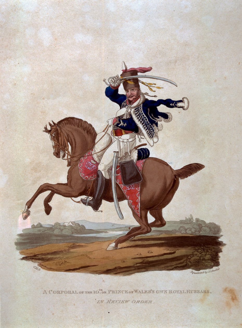 A 10. tizedes, vagy a walesi herceg saját királyi huszárjai felülvizsgálati sorrendben, „A Brit Birodalom hadseregének jelmezei, a legutóbbi 1812-es szabályozás szerint”, metszet: J. C. Stadler, kocsma alkotó: Charles Hamilton Smith
