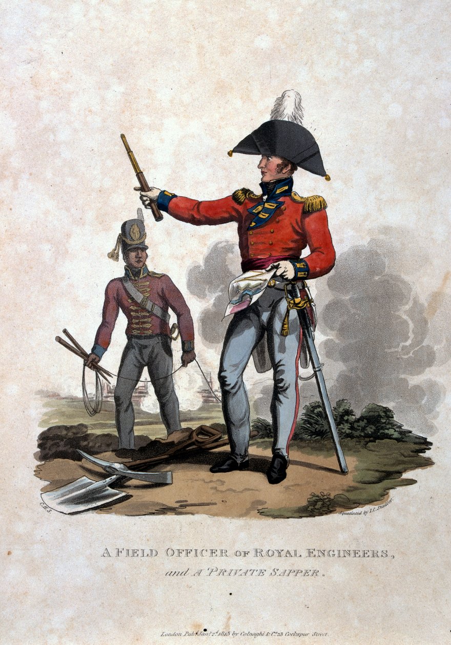 Királyi Mérnökök Field Officer és Private Sapper, a Colnaghi und Co. 1812-1515-ös kiadásában megjelent Costumes of the Army of the British Empire, az utolsó szabályzat szerint 1812-ből (színes aquati alkotó: Charles Hamilton Smith
