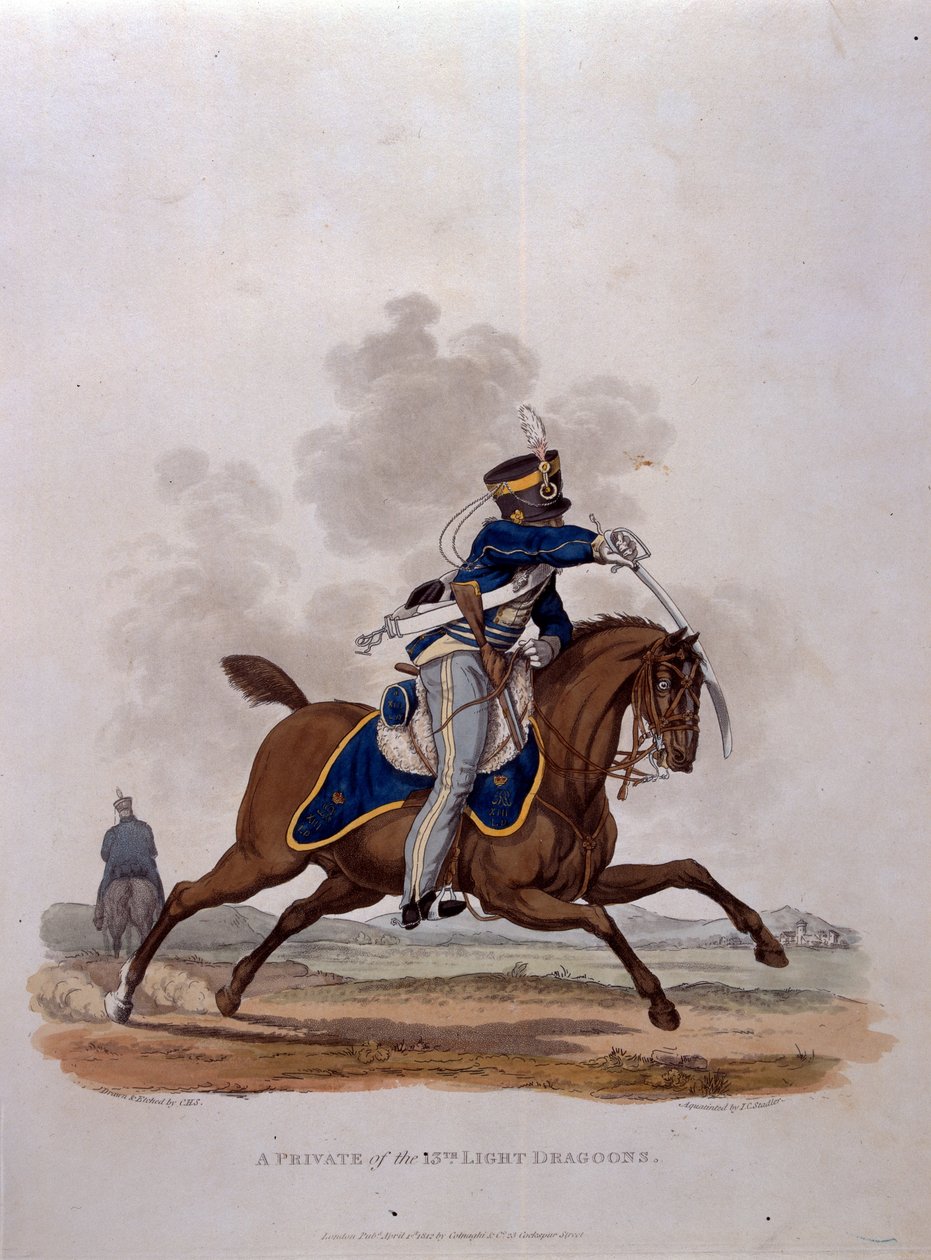 A 13. világos dragonyosok közlegénye, „A Brit Birodalom hadseregének jelmezei, az 1812-es utolsó szabályzat szerint”, J. C. Stadler metszetében, kiadó: Colnaghi und Co. 1812-15 (színes). alkotó: Charles Hamilton Smith