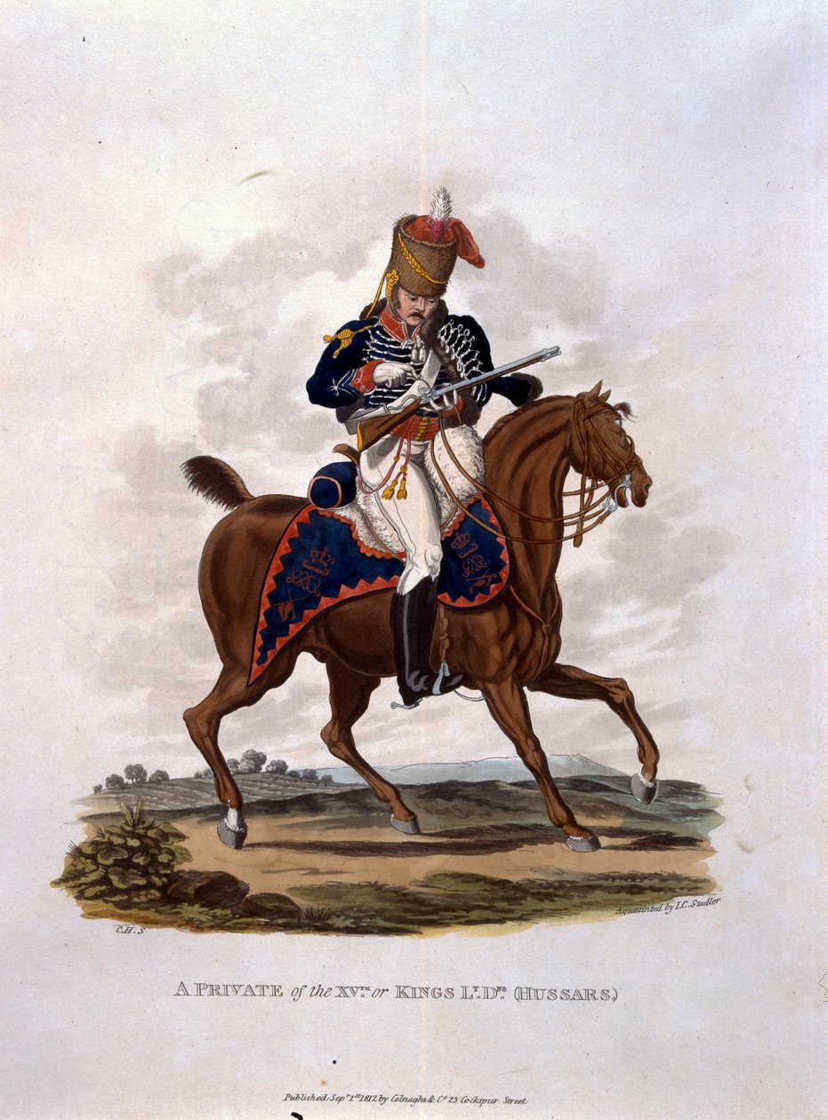 A 15. közkatona, avagy Kings Hussars a „The Costumes of the Army of the British Empire, under the last Regulations 1812” című művéből, J. C. Stadler metszete, kiadó: Colnaghi und Co. 1812-15 (colou alkotó: Charles Hamilton Smith