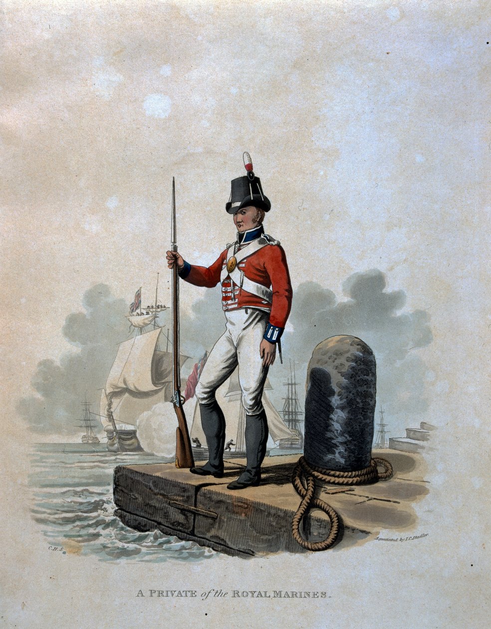 A Királyi Tengerészgyalogság közkatonaja, „A Brit Birodalom hadseregének jelmezei, az utolsó szabályok szerint, 1812”, metszett J. C. Stadler, kiadó: Colnaghi und Co. 1812-15 (színes aquat) alkotó: Charles Hamilton Smith
