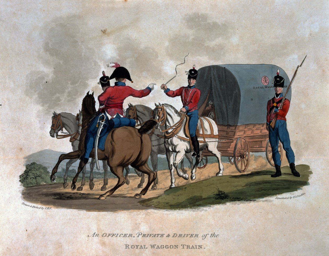 A Royal Waggon Train tisztje, közlegénye és sofőrje, „A Brit Birodalom hadseregének jelmezei, a legutóbbi 1812-es szabályzat szerint”, J. C. Stadler metszete, kiadó: Colnaghi und alkotó: Charles Hamilton Smith