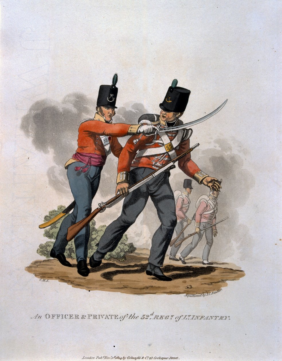 Az 53. könnyűgyalogosezred tisztje és közlegénye, a „Briti Birodalom hadseregének jelmezei, az 1812-es utolsó szabályzat szerint” című művéből, J. C. Stadler metszete, kiadó: Colnagh alkotó: Charles Hamilton Smith