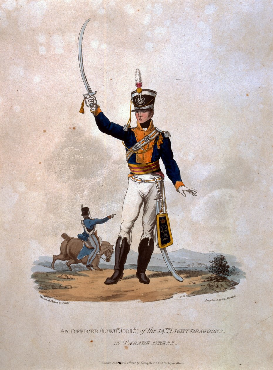 A 14. Világos dragonyosok tisztje parádés ruhában, a „Briti Birodalom hadseregének jelmezei, az utolsó szabályok szerint 1812” című művéből, J. C. Stadler metszetében, kiadó: Colnaghi und Co. alkotó: Charles Hamilton Smith