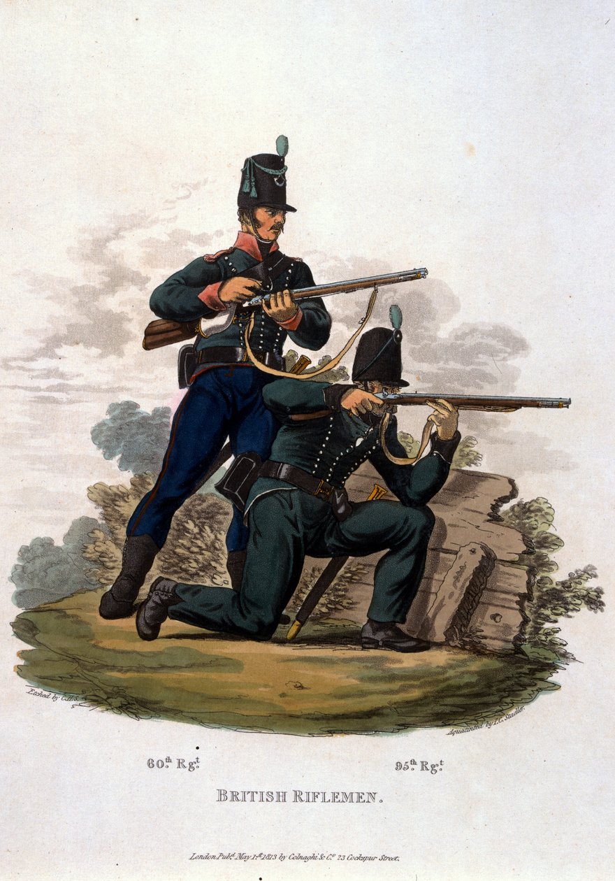 British Riflemen, „A Brit Birodalom hadseregének jelmezei, a legutóbbi 1812-es szabályzat szerint”, J. C. Stadler metszet, kiadó: Colnaghi und Co. 1812-15 (színes akvatinta) alkotó: Charles Hamilton Smith