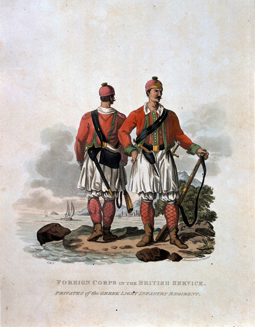 Külföldi hadtest a brit szolgálatban, a görög könnyű gyalogezred közlegényei, „A Brit Birodalom hadseregének jelmezei, az utolsó 1812-es szabályzat szerint”, J. C. Stadler metszetéből. alkotó: Charles Hamilton Smith