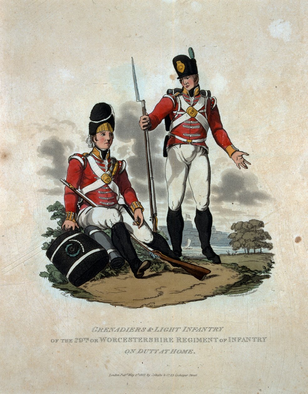 Grenadiers and Light Infantry of the 29th or, Worcestershire Regiment of Infantry on Duty at Home, „A Brit Birodalom hadseregének jelmezei, az utolsó szabályzat szerint 1812”, vésett b alkotó: Charles Hamilton Smith