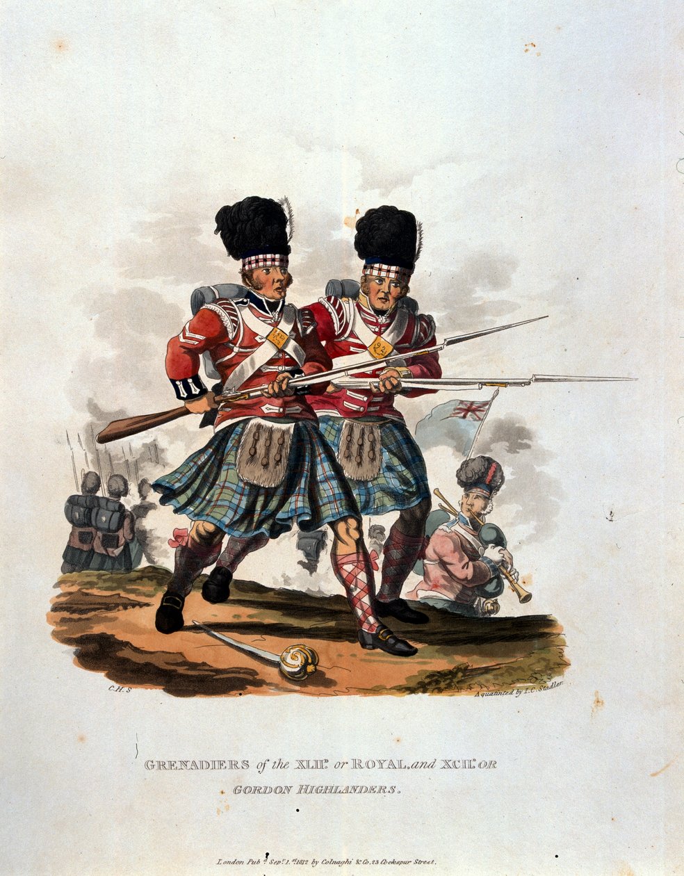 A 42. (vagy királyi) és a 141. gránátosok vagy Gordon Highlanders a „British Birodalom hadseregének jelmezei, az 1812-es utolsó szabályzat szerint” című művéből, J. C. Stadler metszetében, a Co kiadója. alkotó: Charles Hamilton Smith