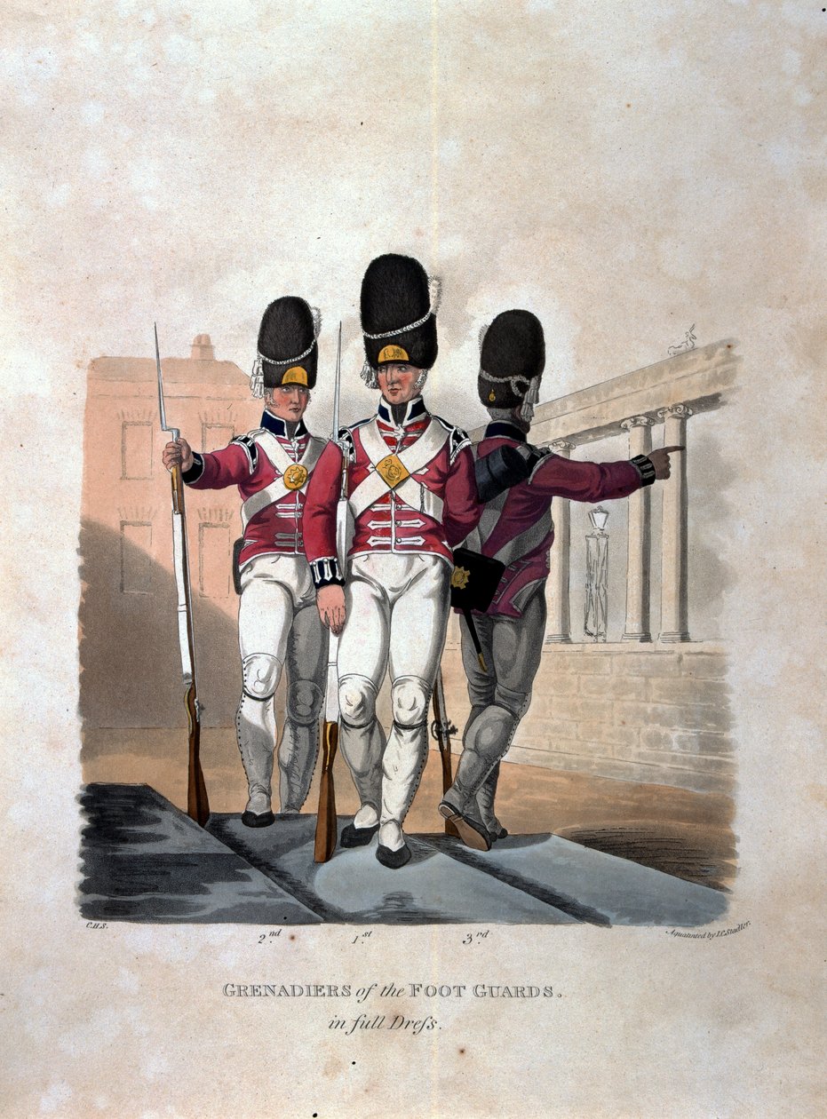 A Lábőrök gránátosai teljes ruhában, „A Brit Birodalom hadseregének jelmezei, az 1812-es utolsó szabályzat szerint”, J. C. Stadler metszet, kiadó: Colnaghi und Co. 1812-15 (c) alkotó: Charles Hamilton Smith