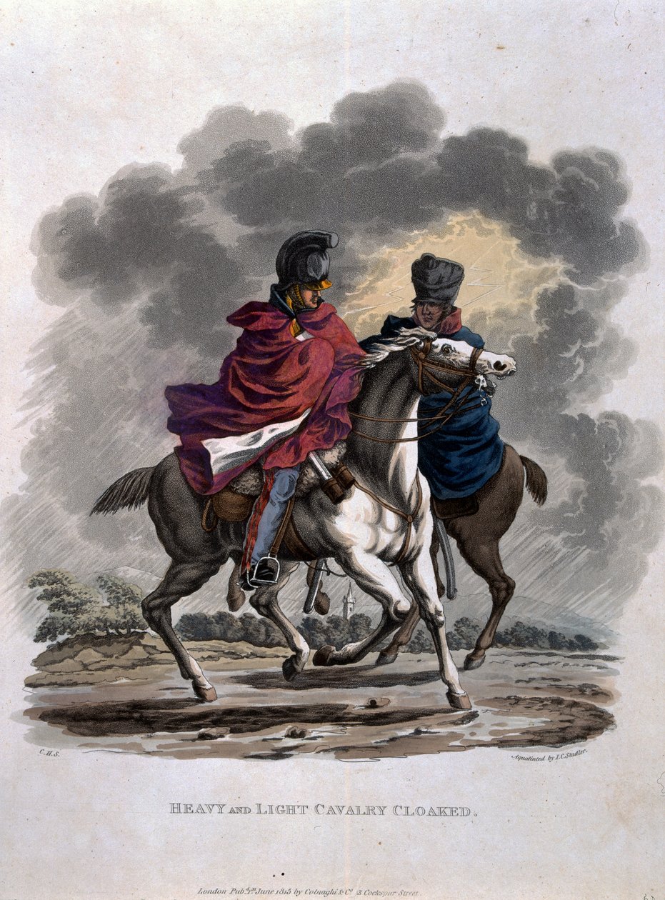 Nehéz- és könnyűlovasság köpenyes, „A Brit Birodalom hadseregének jelmezei, a legutóbbi 1812-es szabályzat szerint”, J. C. Stadler metszetében, kiadó: Colnaghi und Co. 1812-15 (színes aqua alkotó: Charles Hamilton Smith