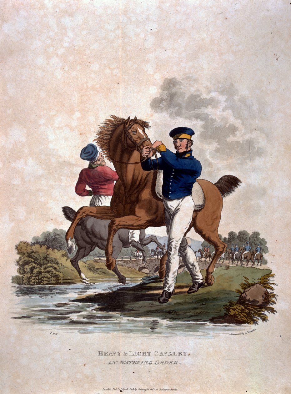Nehéz- és könnyűlovasság vízi rendben, a „British Birodalom hadseregének jelmezei, a legutóbbi 1812-es szabályzat szerint”, J. C. Stadler metszete, kiadó: Colnaghi und Co. 1812-15 (col. alkotó: Charles Hamilton Smith