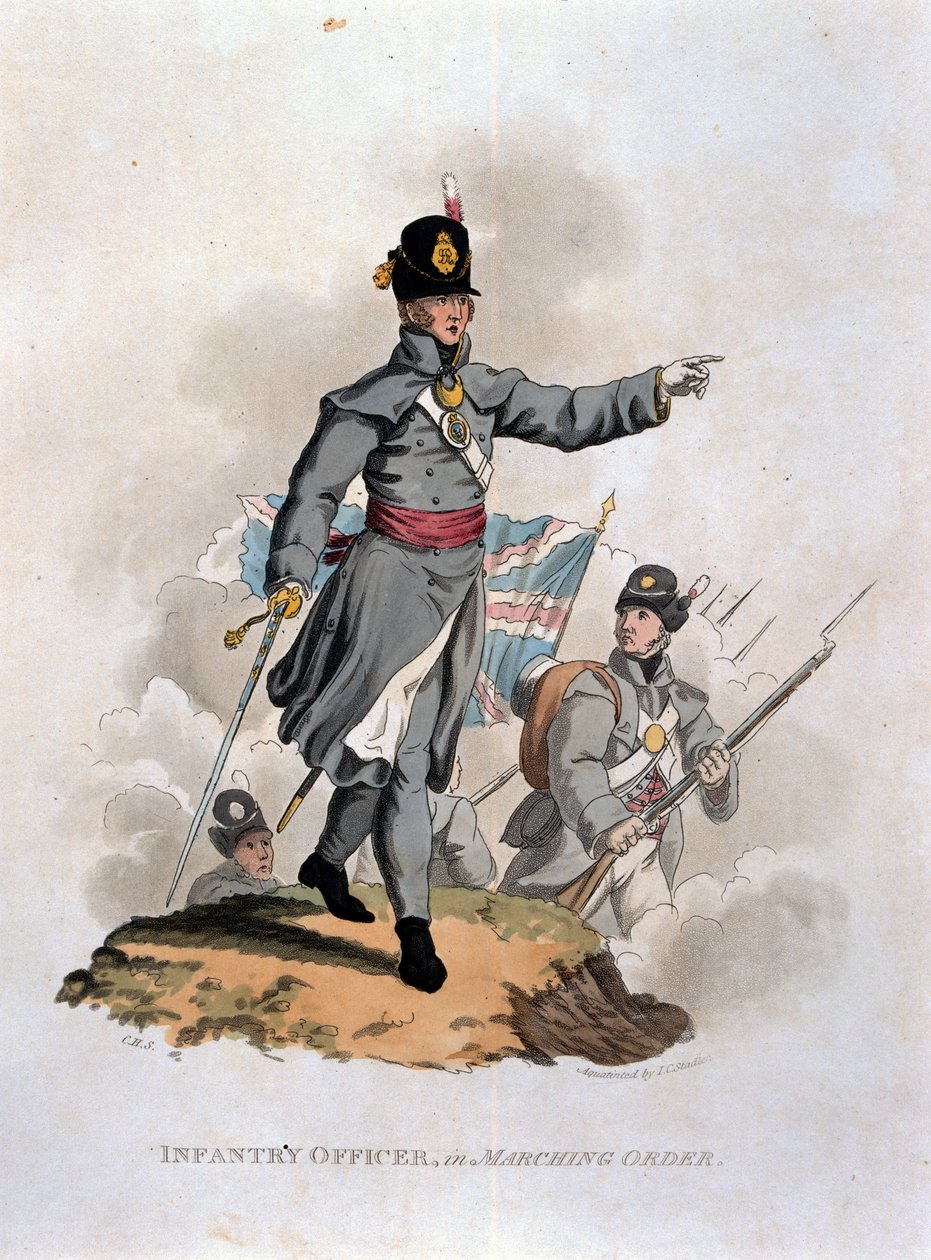 Gyalogtiszt menetrendben, „A Brit Birodalom hadseregének jelmezei, a legutóbbi 1812-es szabályzat szerint”, J. C. Stadler metszete, kiadó: Colnaghi und Co. 1812-15 (színezett alkotó: Charles Hamilton Smith