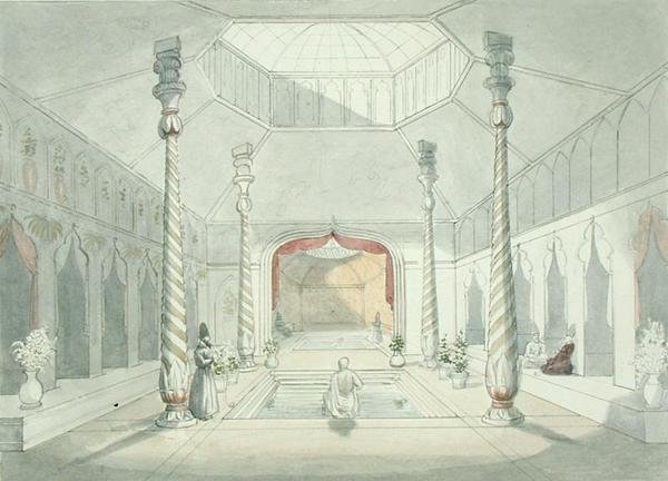 A Kermanshah-i perzsa fürdő belseje (akvarell papíron) alkotó: Charles Hamilton Smith