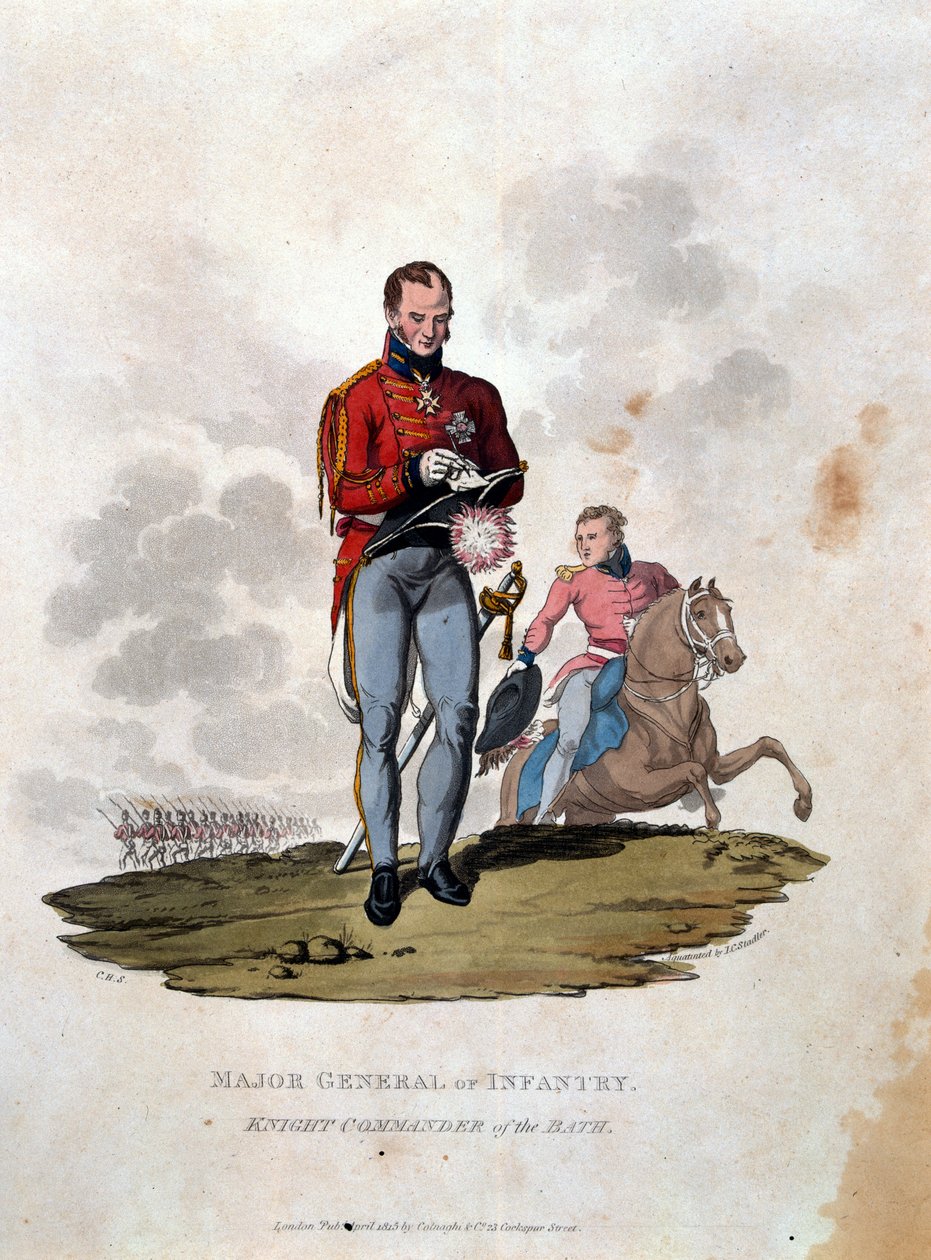 A gyalogsági lovag vezérőrnagya, a fürdő parancsnoka, „A Brit Birodalom hadseregének jelmezei, a legutóbbi 1812-es szabályzat szerint”, J. C. Stadler metszete, kiadó: Colnaghi und Co. alkotó: Charles Hamilton Smith