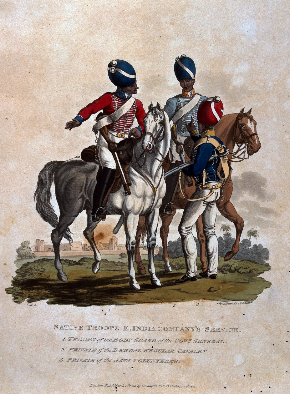 Bennszülött csapatok, Kelet-indiai Társaság szolgálata, a főkormányzó testőrségének csapatai, a bengáli törzskatona közlegénye, a „The Costumes of the Army of the British Empire, a legutóbbi re. alkotó: Charles Hamilton Smith