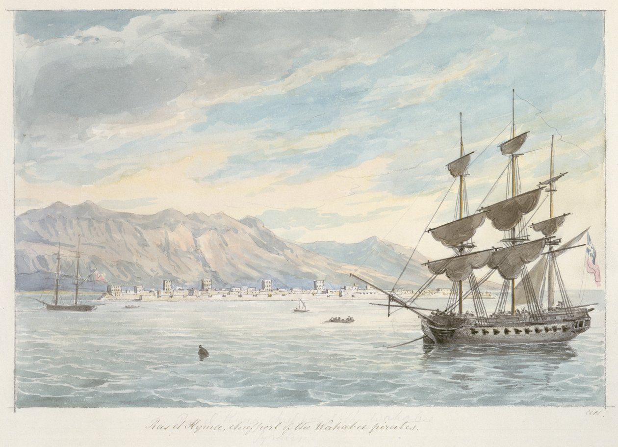 Ras el Kijma, a wakabee kalózok fő kikötője, 19. század körül (grafit és akvarell) alkotó: Charles Hamilton Smith