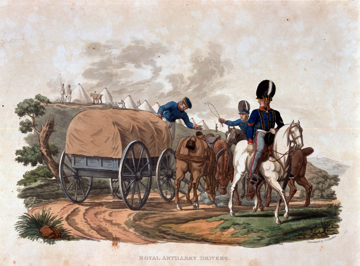 Királyi tüzérségi sofőrök, a "Costumes of the Army of the British Empire, according to the last regulations 1812" című, J.C. Stadler által metszett, a Colnaghi und Co. által kiadott 1812-15-ös kiadványból (színes aquatinta). alkotó: Charles Hamilton Smith