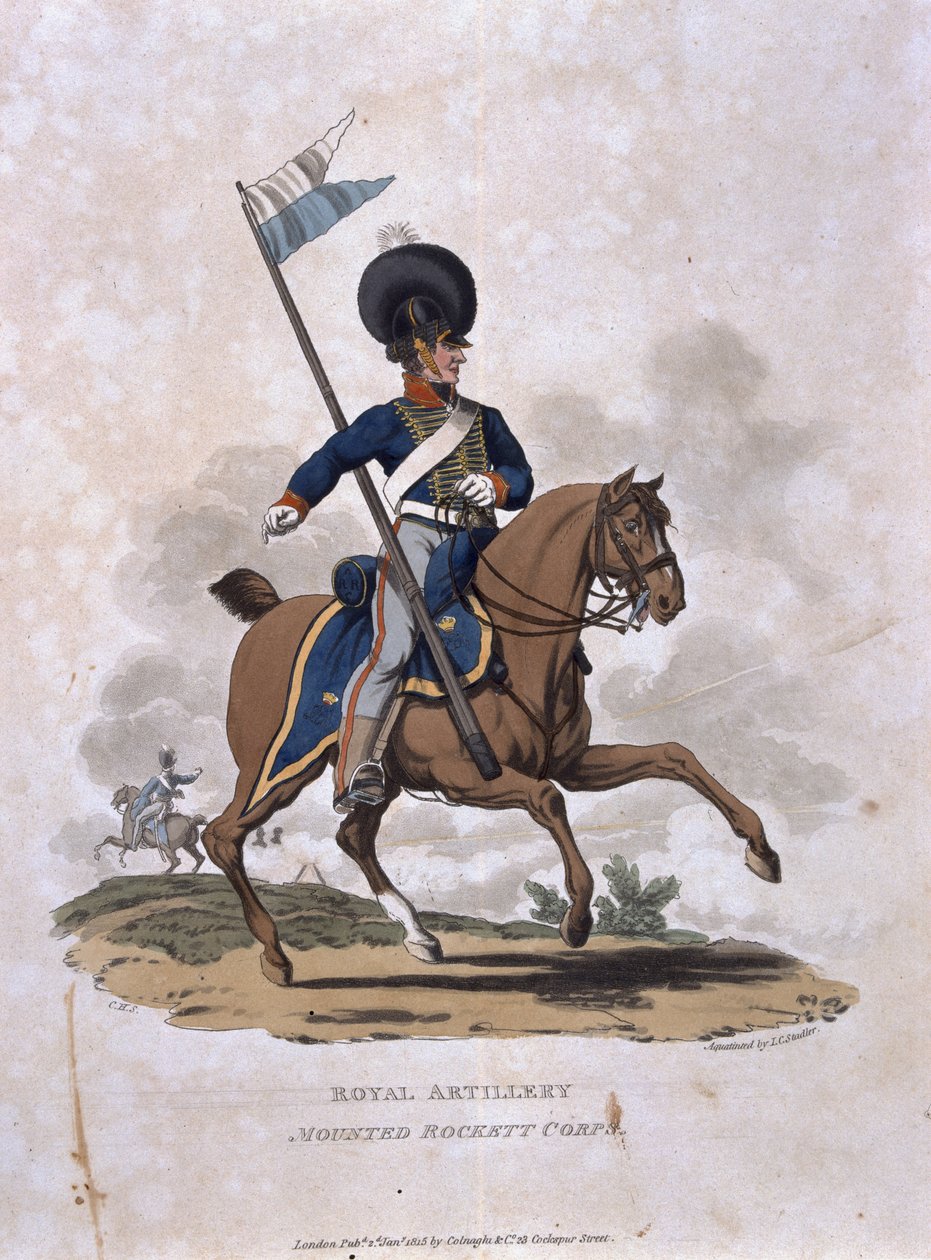 Royal Artillery Mounted Rockett Corps, „A Brit Birodalom hadseregének jelmezei, a legutóbbi 1812-es szabályzat szerint”, J. C. Stadler metszete, kiadó: Colnaghi und Co. 1812-15 (szín) alkotó: Charles Hamilton Smith