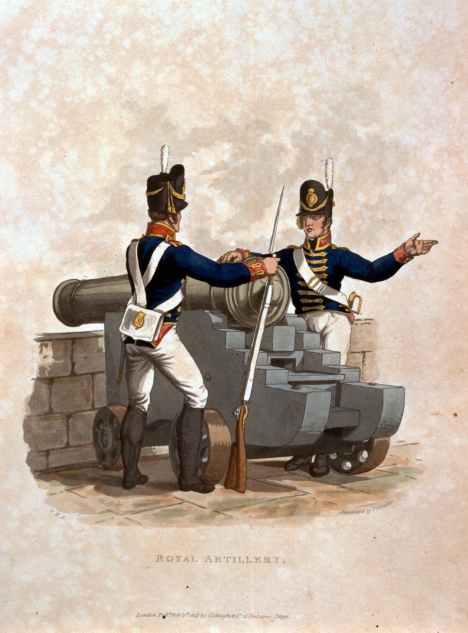 Királyi tüzérség, „A Brit Birodalom hadseregének jelmezei, a legutóbbi 1812-es szabályzat szerint”, J. C. Stadler metszete, kiadó: Colnaghi und Co. 1812-15 (színes akvatinta) alkotó: Charles Hamilton Smith