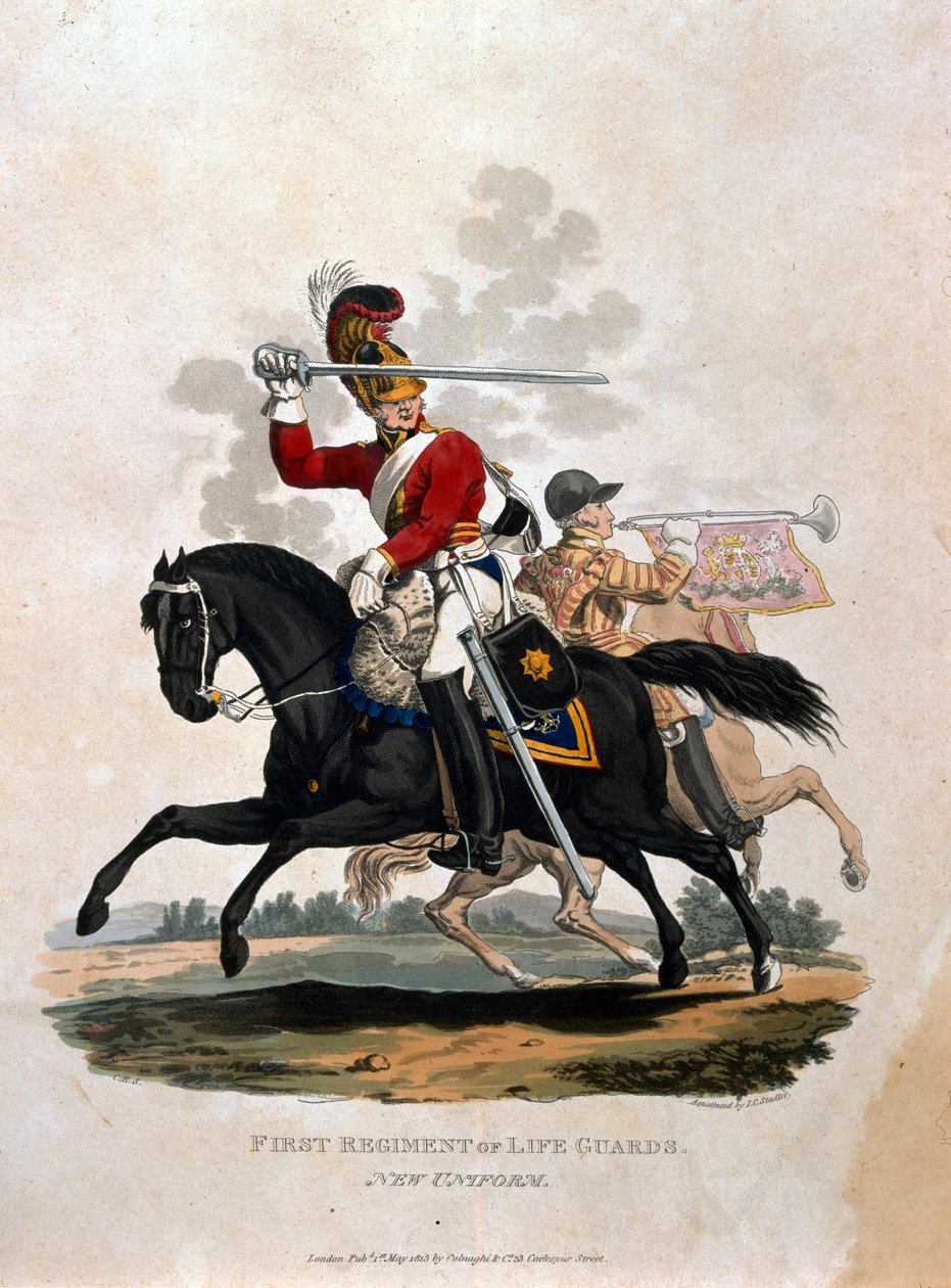 Katona az Első Életőrző Ezredből, „A Brit Birodalom hadseregének jelmezei, az 1812-es utolsó szabályzat szerint”, J. C. Stadler metszet, kiadó: Colnaghi und Co. 1812-15 alkotó: Charles Hamilton Smith