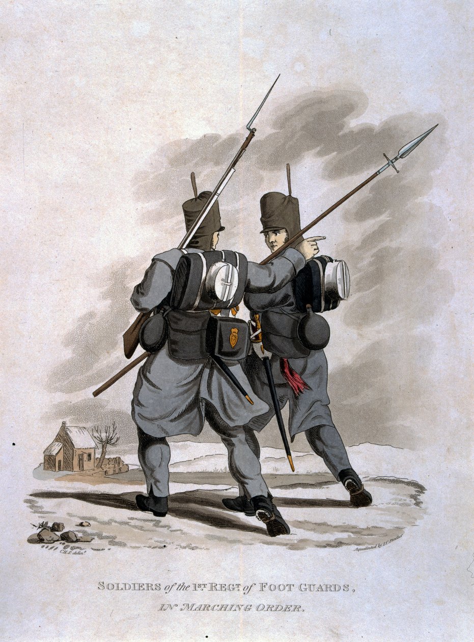 Az 1. gyalogőrezred katonái menetrendben, „A Brit Birodalom hadseregének jelmezei, az 1812-es utolsó szabályzat szerint”, J. C. Stadler metszete, kiadó: Colnagh alkotó: Charles Hamilton Smith