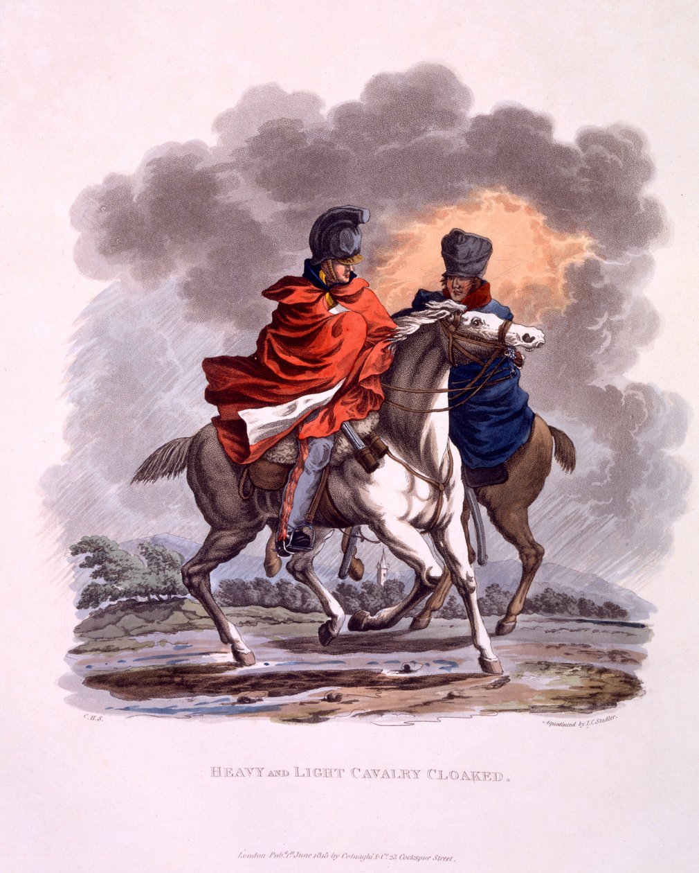 Nehéz- és könnyűlovasság köpenyes egyenruha, a "Briti Birodalom jelmezei, az utolsó szabályok szerint" 1815-ben megjelent könyvéből (kézzel színezett akvatinta) alkotó: Charles Hamilton Smith