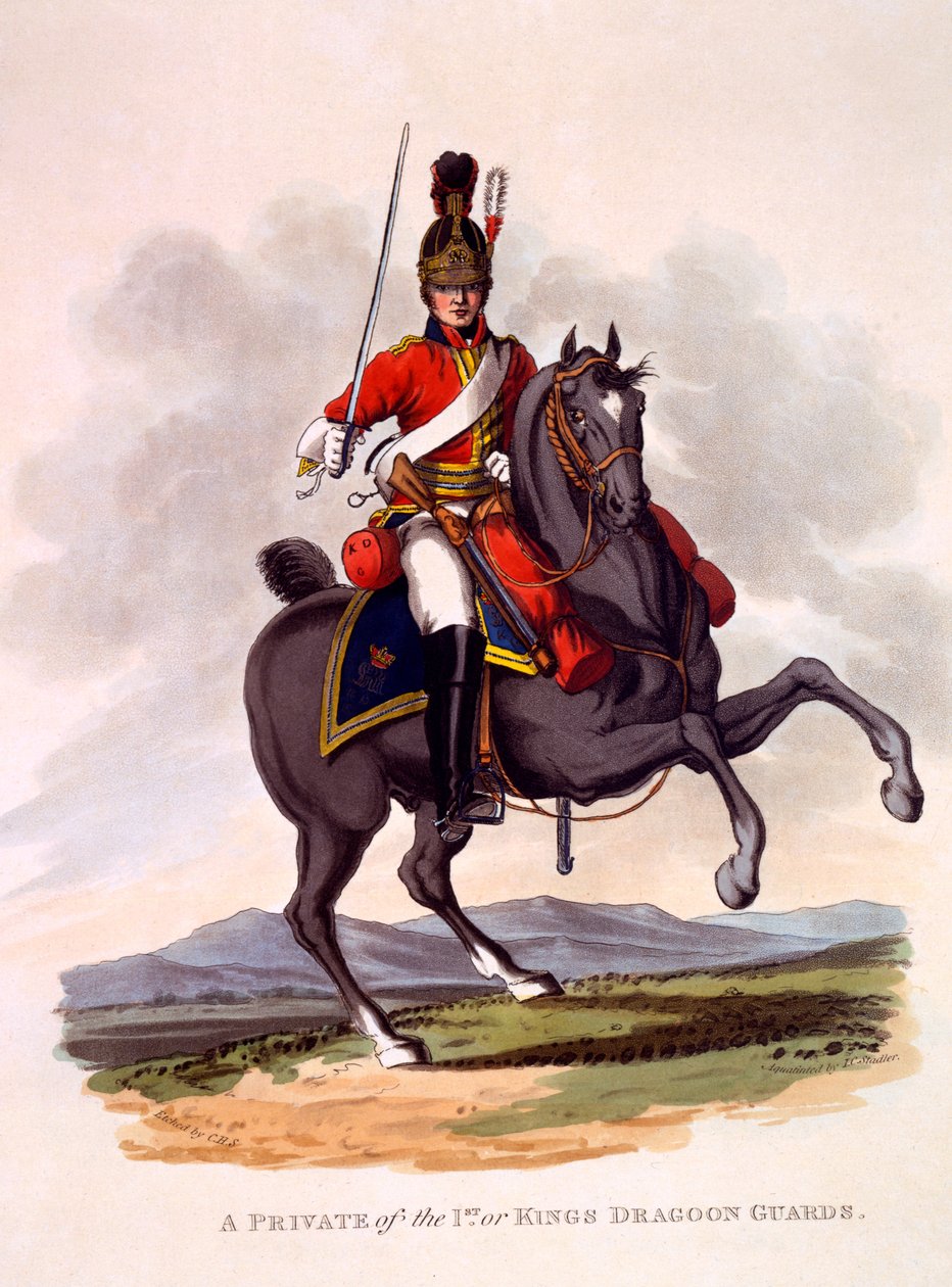 Az 1. vagy a Királyi dragonyos gárdák közlegényének egyenruhája, Joseph Constantine Stadler (fl.1780-1812) metszete, 1812-15 (kézzel színezett akvatinta) alkotó: Charles Hamilton Smith