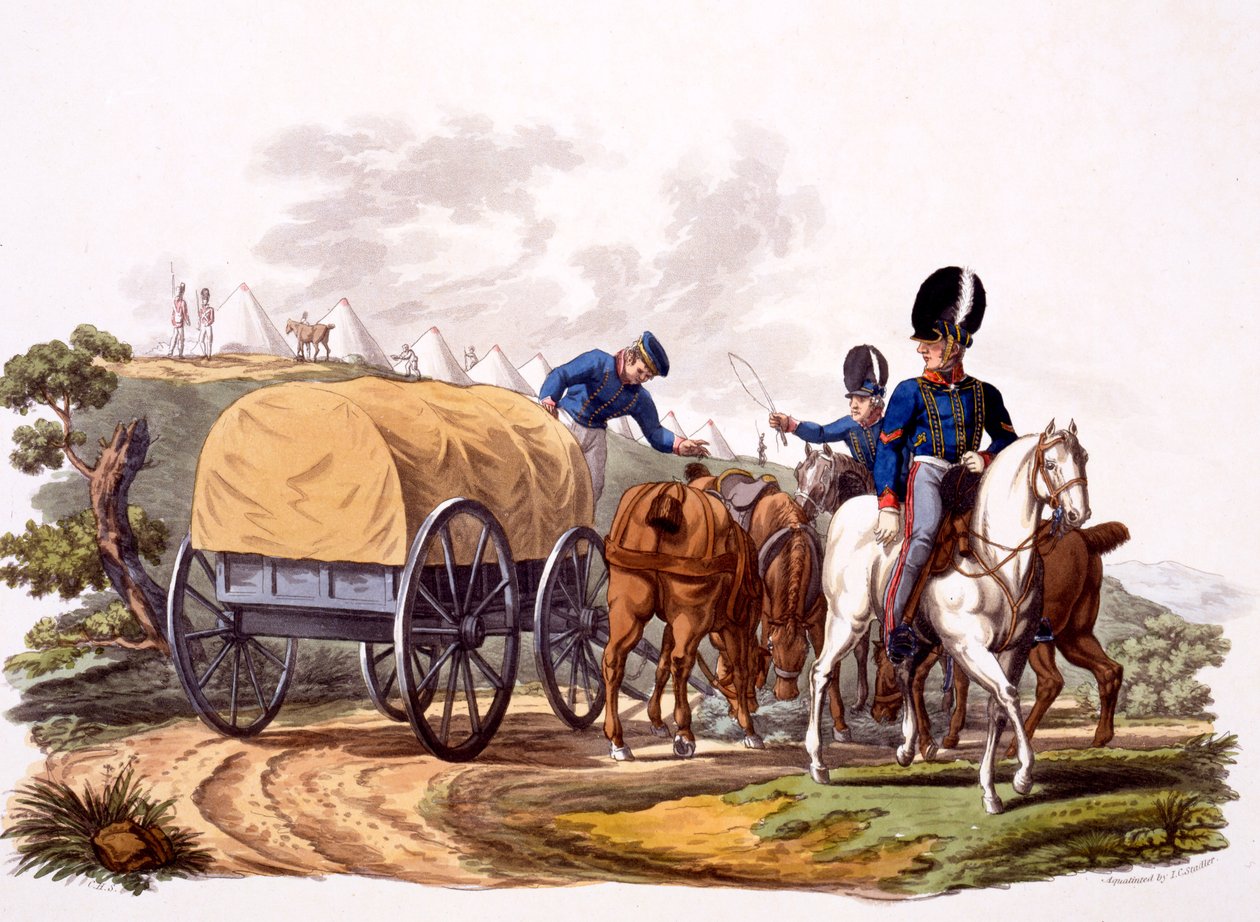 Királyi tüzérhajtók egyenruhája (kocsival és táborral), a „Briti Birodalom jelmezei, az utolsó szabályok szerint” 1812-1515 között (kézzel színezett akvatinta) alkotó: Charles Hamilton Smith