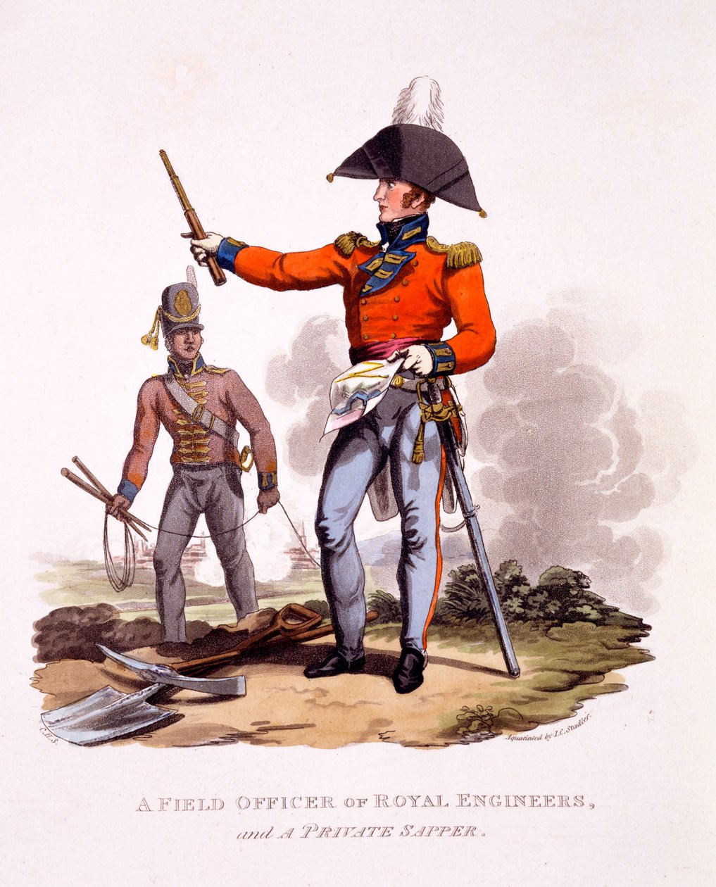 A királyi mérnökök tábori tisztjének és egy közkatasztrófa egyenruhája a „Briti Birodalom jelmezei az utolsó szabályok szerint” című, 1815-ben kiadott (kézzel festett akvatinta) c alkotó: Charles Hamilton Smith
