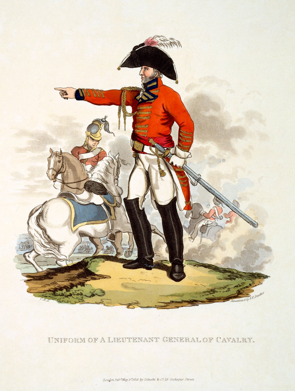 A lovasság altábornagyának egyenruhája a „Briti Birodalom jelmezei, az utolsó szabályok szerint” 1813-as kiadásából (kézzel színezett akvatinta) alkotó: Charles Hamilton Smith