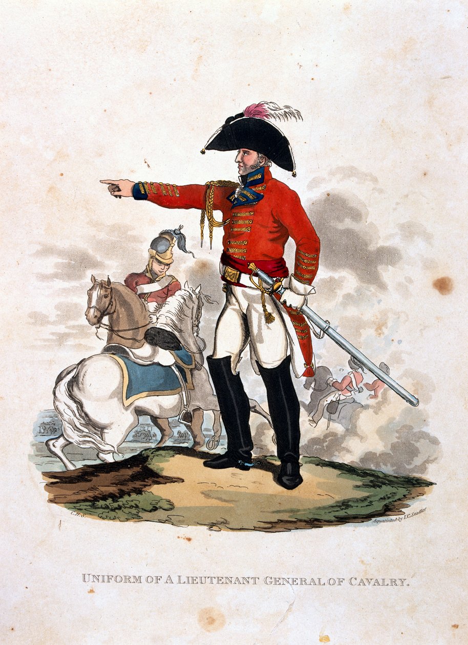 A lovasság altábornagyának egyenruhája a „Briti Birodalom hadseregének jelmezei, a legutóbbi 1812-es szabályzat szerint”, J. C. Stadler metszete, kiadó: Colnaghi und Co. 1812-15 (col. alkotó: Charles Hamilton Smith