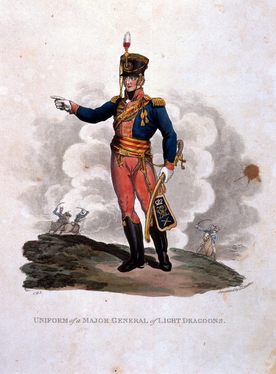 Könnyű dragonyosok vezérőrnagyának egyenruhája, a „British Birodalom hadseregének jelmezei, a legutóbbi 1812-es szabályzat szerint”, J. C. Stadler metszet, kiadó: Colnaghi und Co. 1812-15 ( alkotó: Charles Hamilton Smith