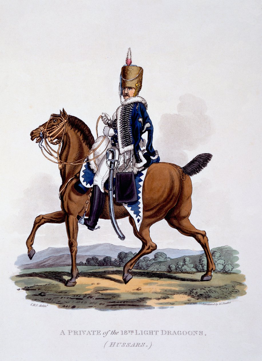 A 18. világos dragonyosok (huszárok) közlegényének egyenruhája a „Briti Birodalom jelmezei, az utolsó szabályok szerint” című művéből, 1812–1515 között (kézzel színezett akvatinta) alkotó: Charles Hamilton Smith
