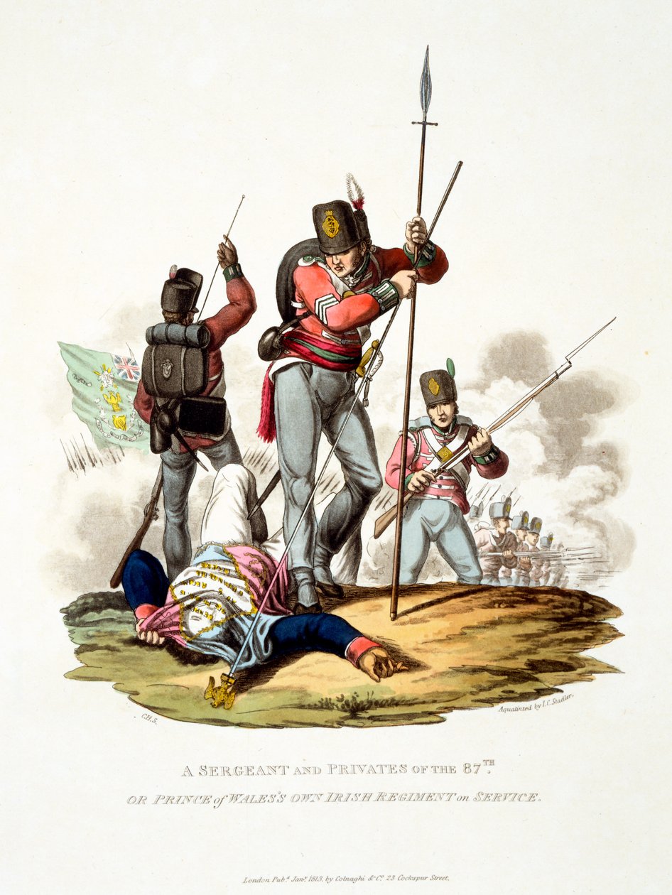A 87. vagy a walesi herceg saját ír ezredének őrmesterének és közlegényeinek egyenruhája szolgálatban, a "Costume of the British Empire, according to the Last Regulations" című, 1813-ban megjelent kiadványból (kézi színezés). alkotó: Charles Hamilton Smith