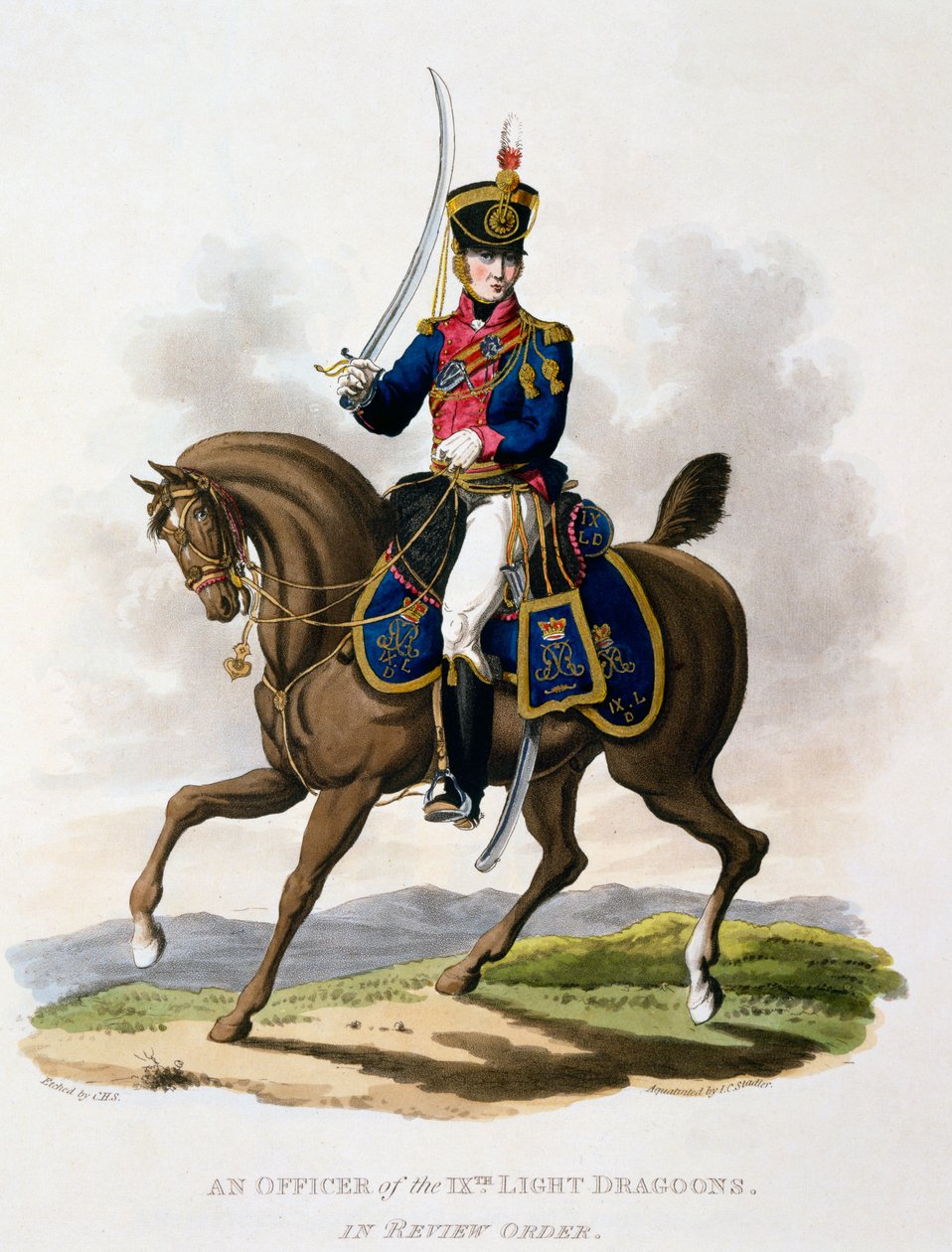 A 9. könnyű dragonyosok tisztjének egyenruhája a felülvizsgálati rendben, a "Costume of the British Empire, according to the Last Regulations" című, 1812-15-ben kiadott kiadványból (kézzel színezett akvatinta). alkotó: Charles Hamilton Smith