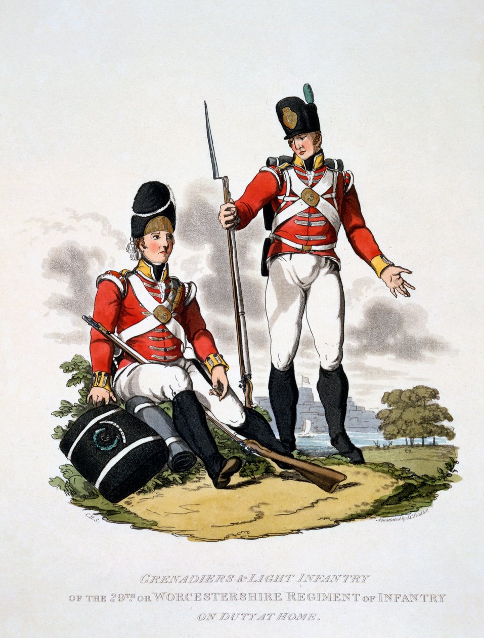 A 20. vagy Worcestershire-i ezred gránátosainak és könnyűgyalogságának egyenruhája, az 1813-ban kiadott "Costume of the British Empire, according to the Last Regulations" (kézzel színezett akvatinta) című kiadványból alkotó: Charles Hamilton Smith