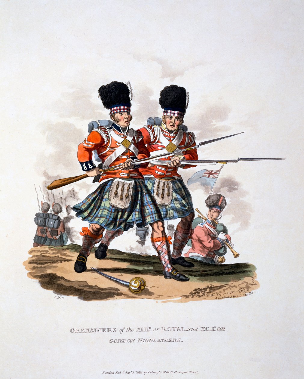 A királyi gránátosok és a gordoni hegyvidékiek egyenruhája az 1812-ben megjelent „A Brit Birodalom jelmezei az utolsó szabályok szerint” c. alkotó: Charles Hamilton Smith