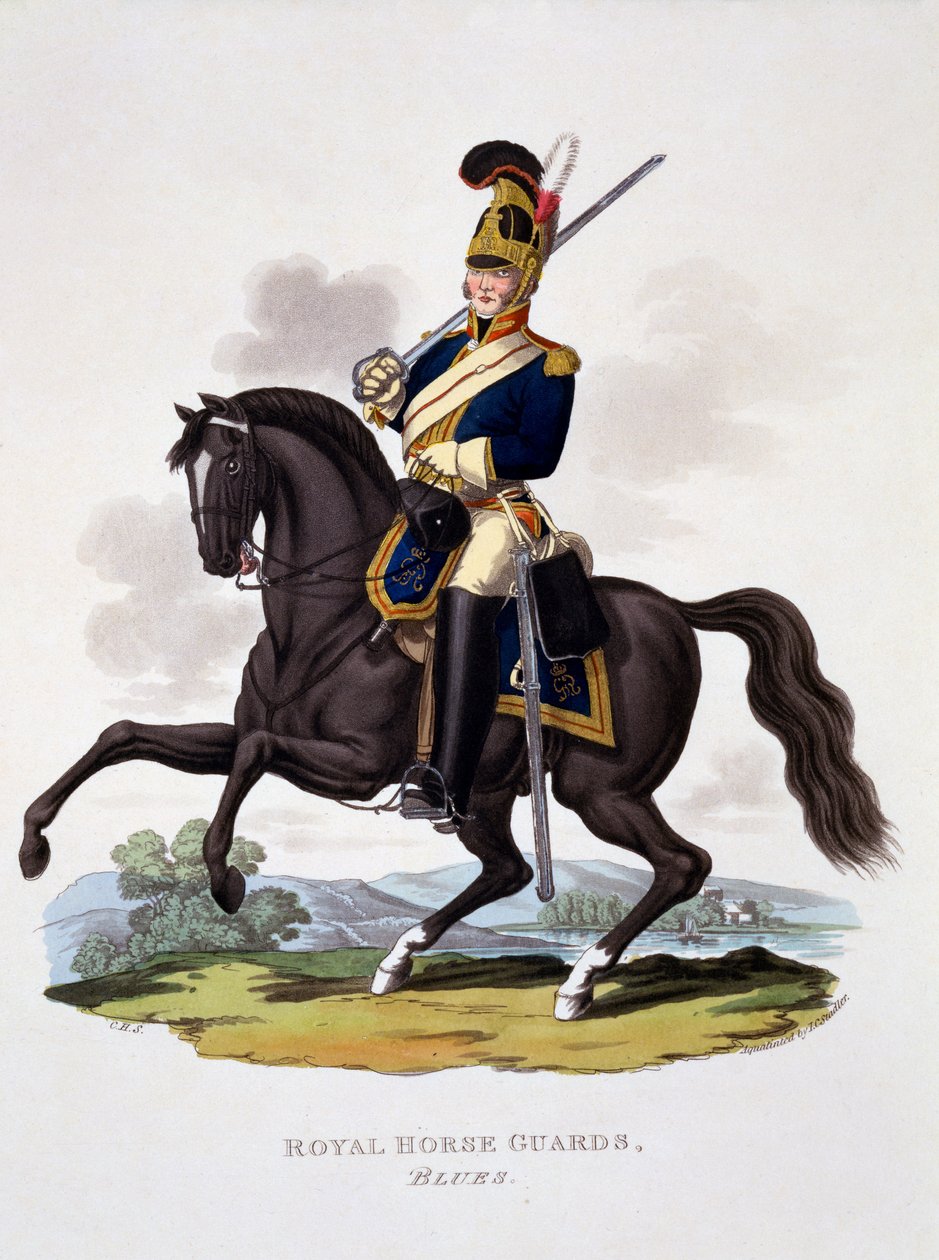 A Királyi Lovas Gárda egyenruhája, "The Blues", a "Costume of the British Empire, according to the Last Regulations" című, 1812-15-ben kiadott kiadványból (kézzel színezett akvatinta). alkotó: Charles Hamilton Smith