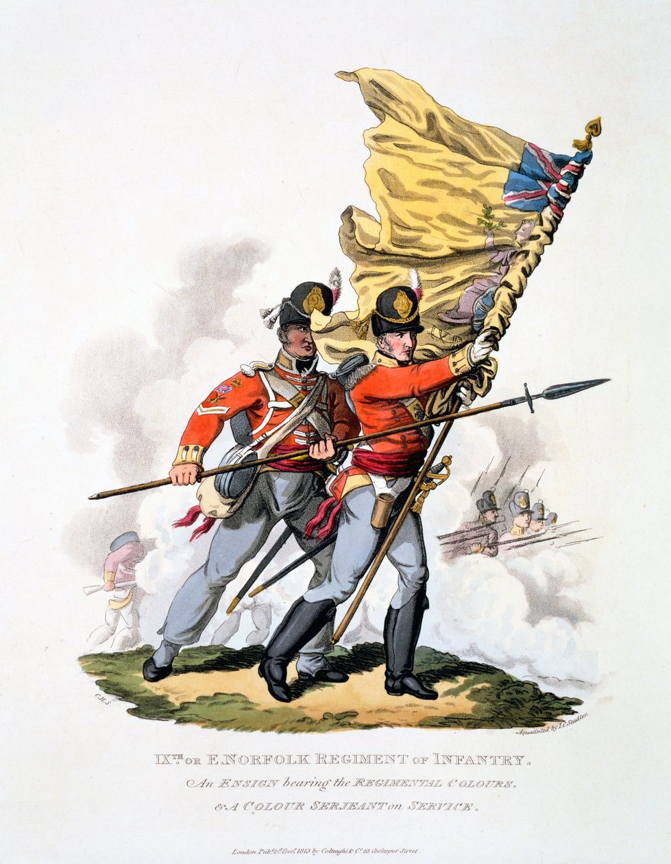 A 9. vagy East Norfolk-i gyalogezred egyenruhája és színei, az 1813-ban kiadott "Costume of the British Empire, according to the Last Regulations" (kézzel színezett akvatinta) című kiadványból alkotó: Charles Hamilton Smith