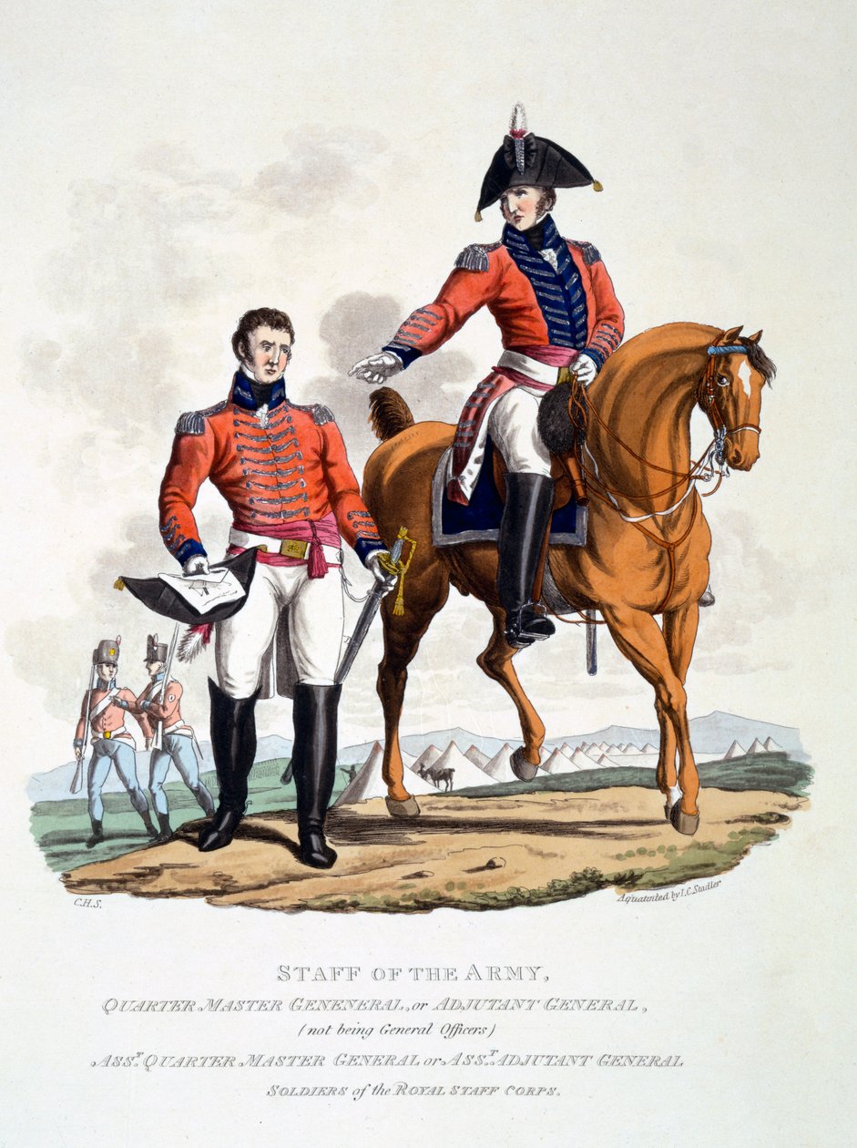 A Royal Staff Corps katonáinak egyenruhája, a „Briti Birodalom jelmezei az utolsó szabályok szerint” című kiadványból, 1813-ban (kézzel színezett akvatinta) alkotó: Charles Hamilton Smith
