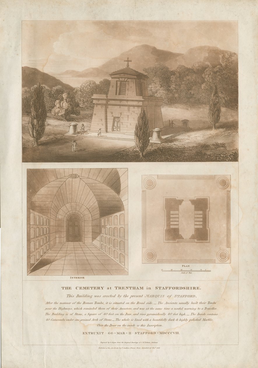 Trentham - A mauzóleum: vörös-barna akvatinta metszet, nd [c 1808] (nyomtatás) alkotó: Charles Heathcote Tatham