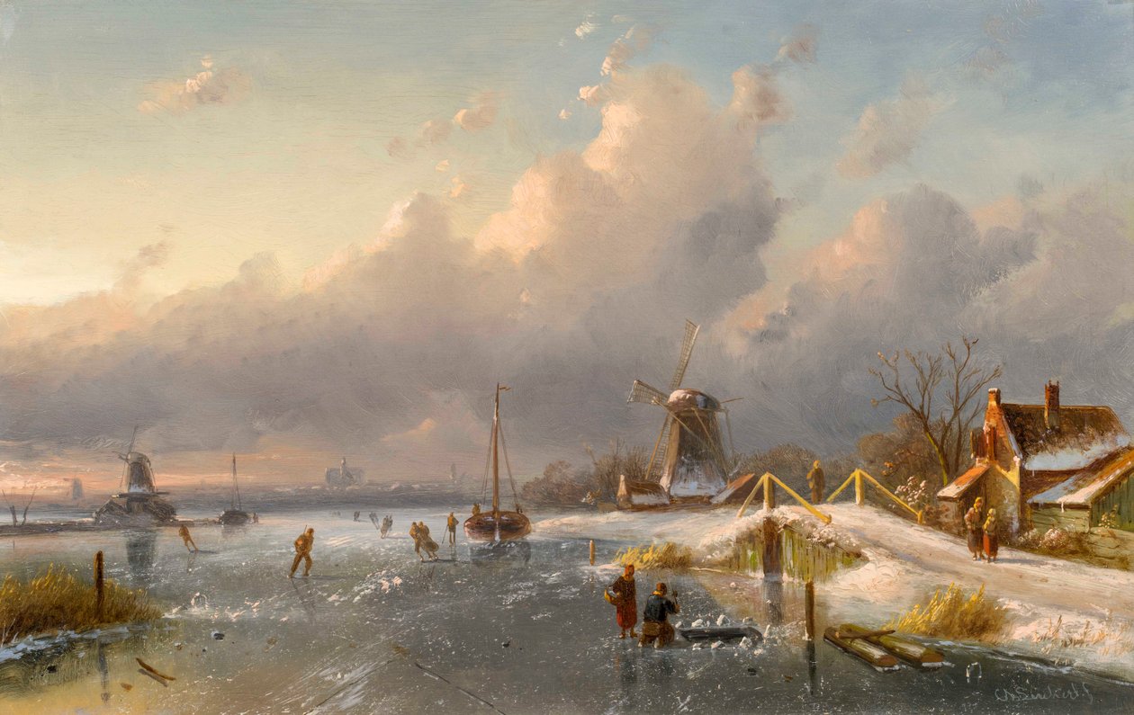 Téli táj szélmalmokkal és korcsolyázókkal egy befagyott vízi úton, 1840-50-es évek alkotó: Charles Henri Joseph Leickert