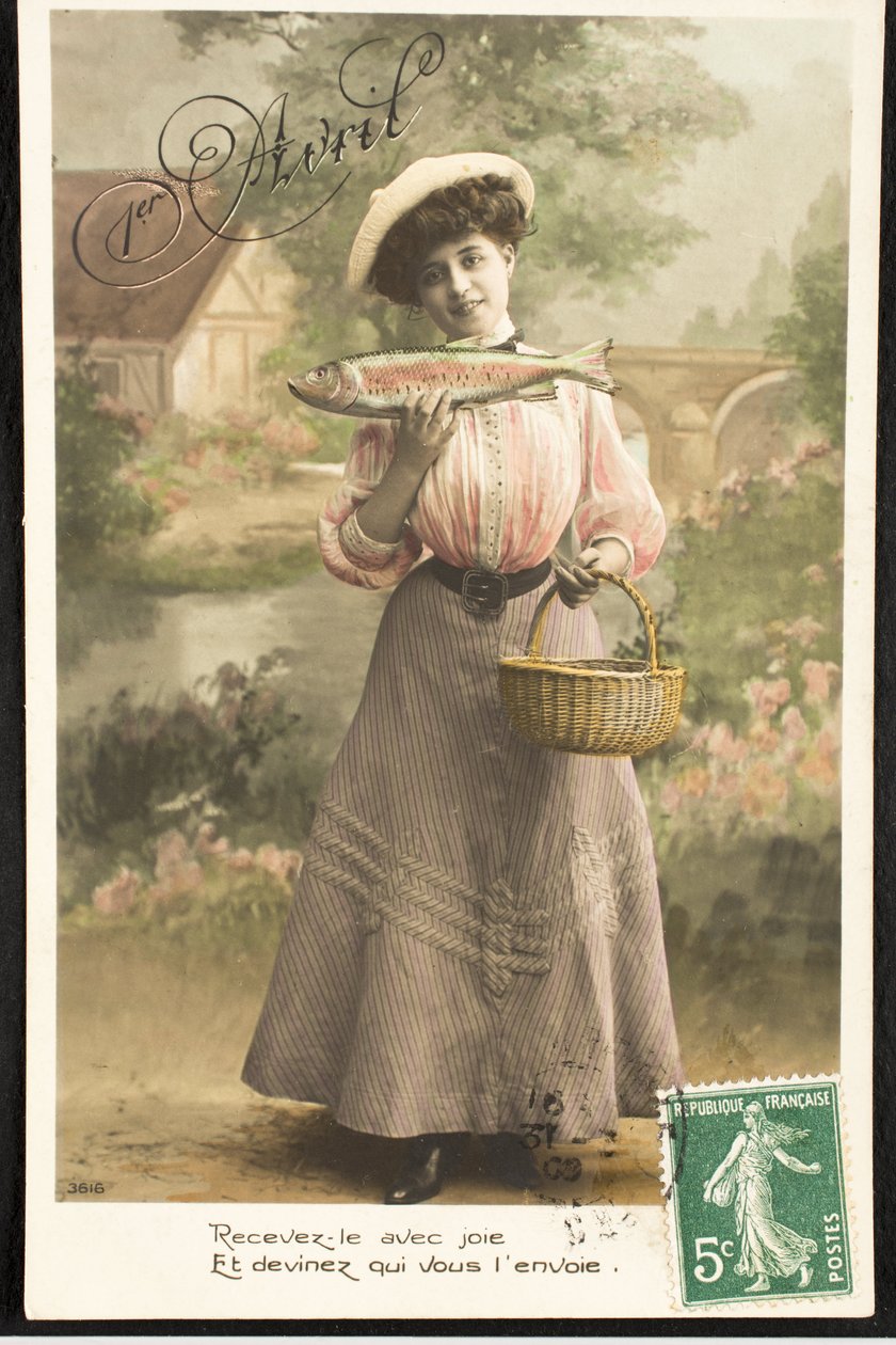 Régi képeslap/Április hal/A Belle Epoque nője alkotó: Augustus Kollner