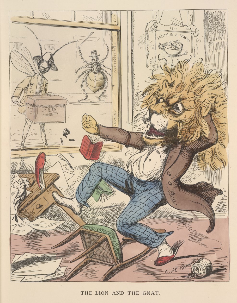 Az oroszlán és a szúnyog, illusztráció az Aesopus és mások meséiből alkotó: Charles Henry (after) Bennett