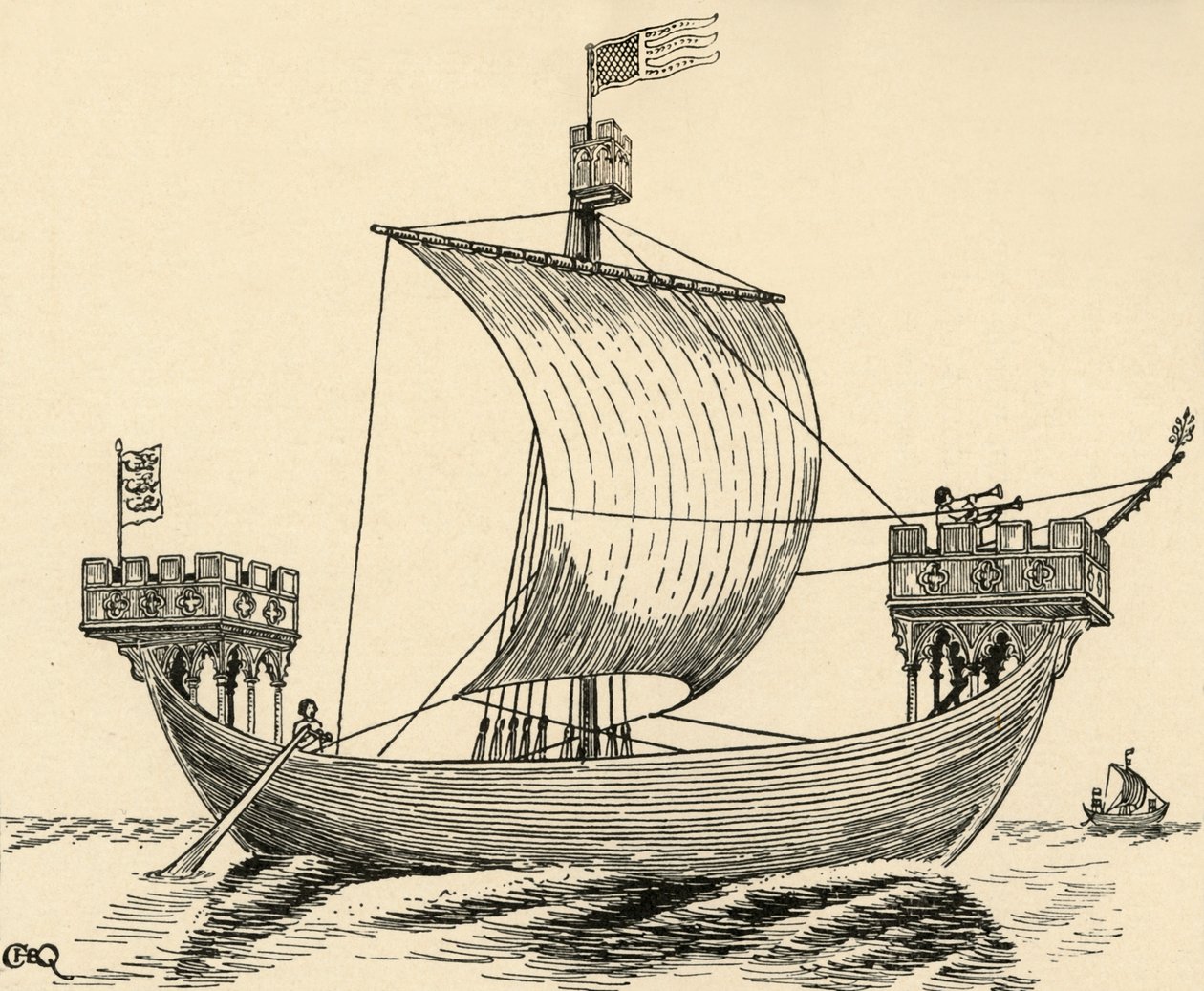 I. Edward korabeli hajó a doveri pecsét alapján, 1284, 1931 alkotó: Charles Henry Bourne Quennell