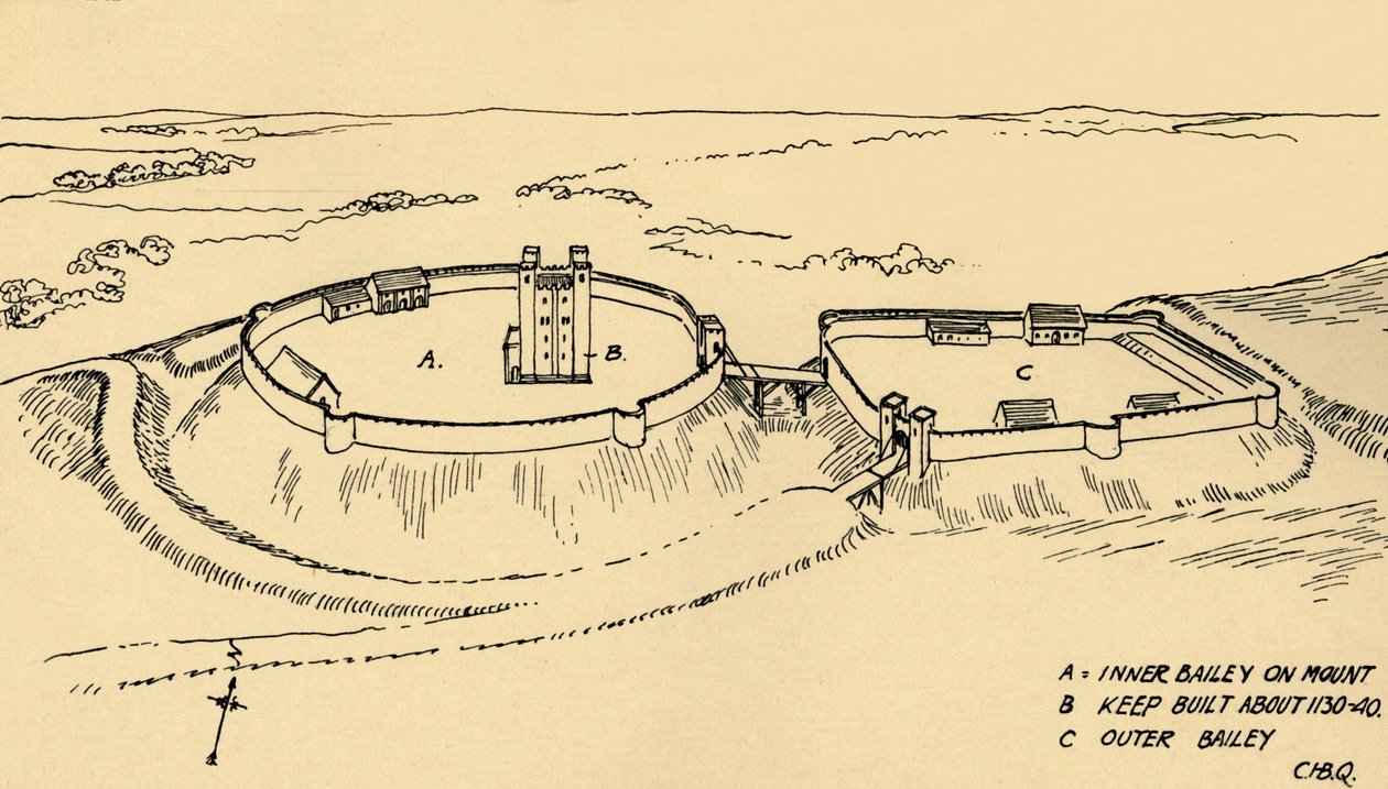 Madártávlat a Hedingham kastélyra, Essex részleges rekonstrukciója., 1931 alkotó: Charles Henry Bourne Quennell