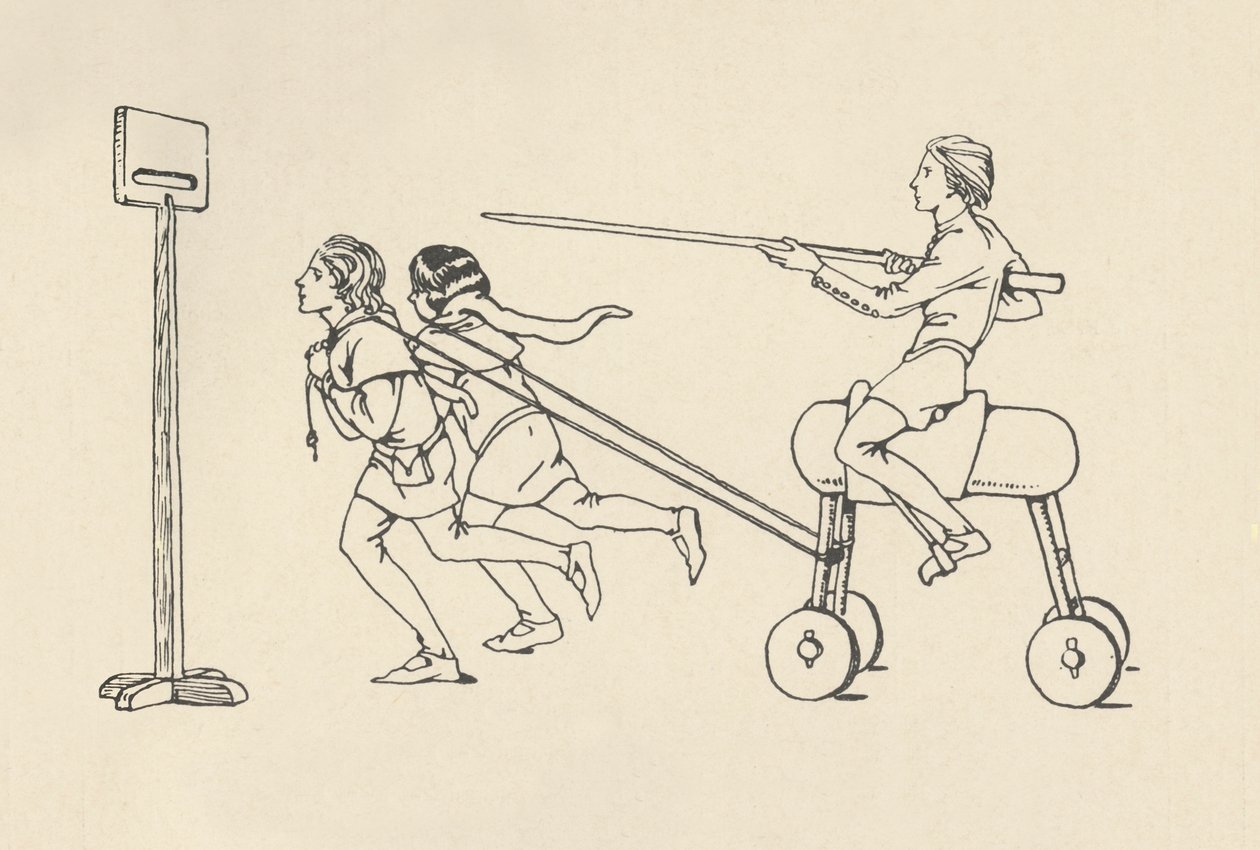 Fiúk játszanak a Riding at the Quintain Romance of Alexanderben, 1340 körül. Bodleian, 1931 alkotó: Charles Henry Bourne Quennell