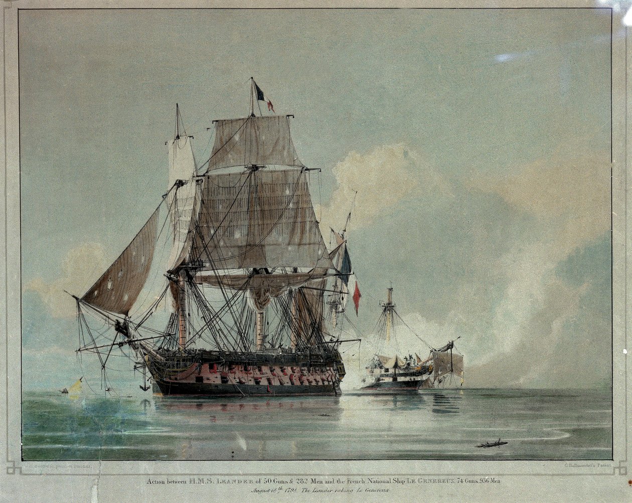 A HMS "Leander" és a francia "Le Genereux" közötti ütközet 1798. augusztus 18. (színes litográfia) alkotó: Charles Henry Seaforth